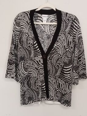 Chico's Linen Blend Black White Patterned One Button Bell Sleeve Cardigan SZ 1